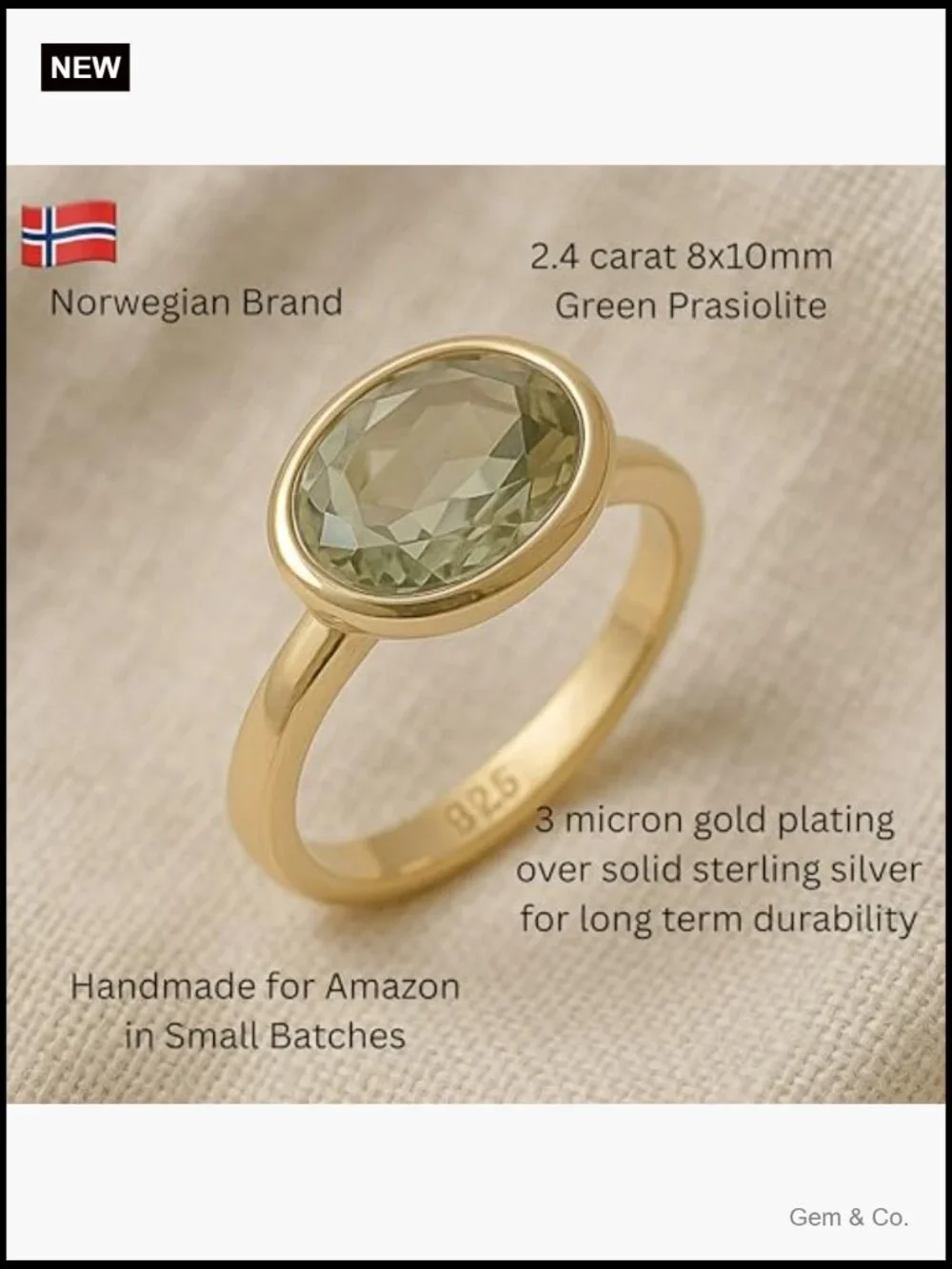 925 Sterling Silver 3-Micron Gold Plated Oval Bezel Ring Natural Prasiolite